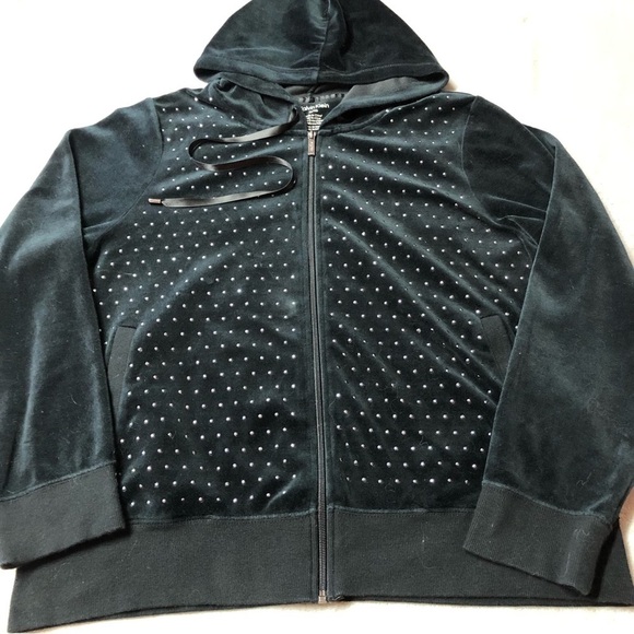 Calvin Klein Black Velour Full Zip Hooded Jacket With Silver Rhinestones - Picture 3 of 13